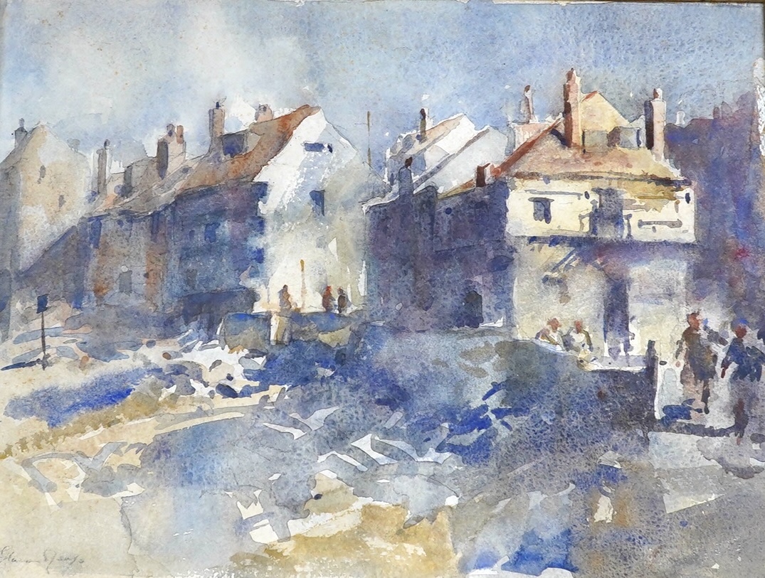 Follower of Edward Brian Seago RWS RBA (British, 1910-1974), watercolour on board, town scene, bears signature, 34x44cm. Condition - good